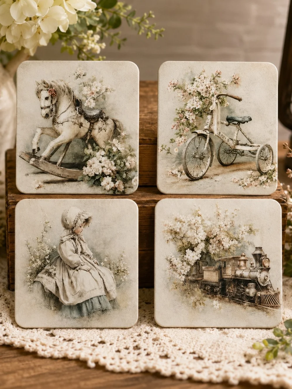 Hand Crafted Vintage Toy Coaster Set in Cream and Brown